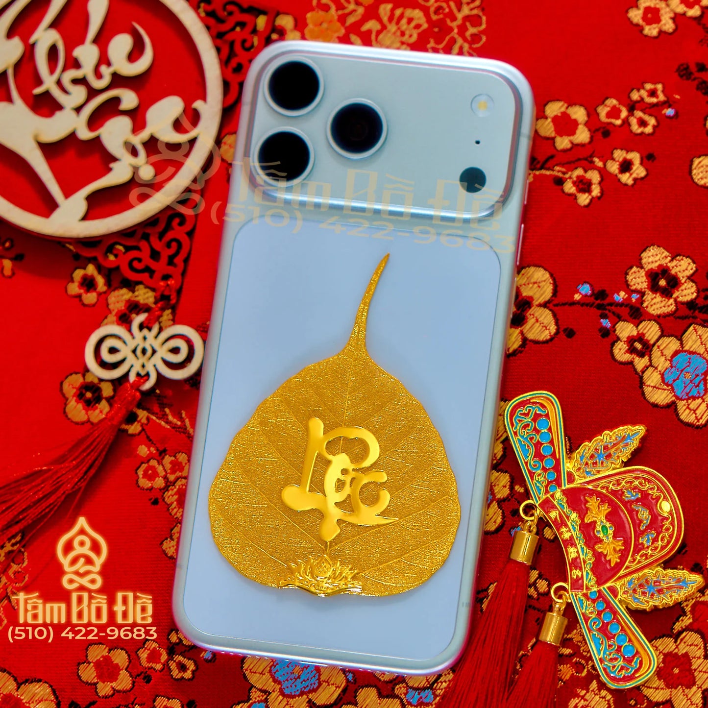 Calligraphy "LỘC" 24K Gold-Plated Bodhi Leaf Phone Case Charm