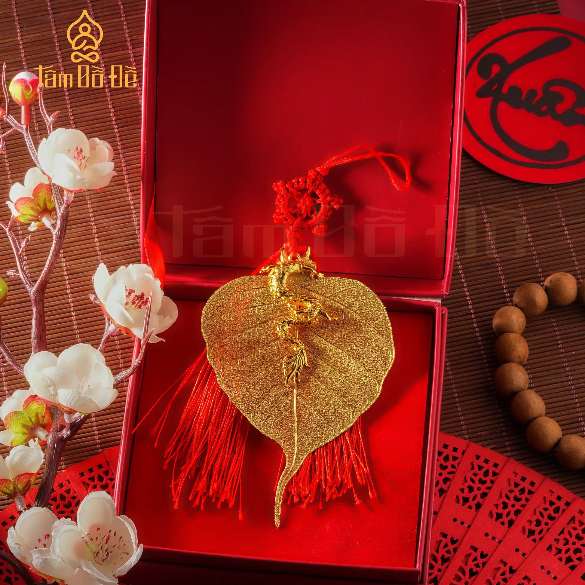 Close-up of Dragon & Calligraphy "TÂM 心" 24K Gold-Plated Bodhi Leaf Car Hanging Charm handcrafted from a genuine Bodhi leaf