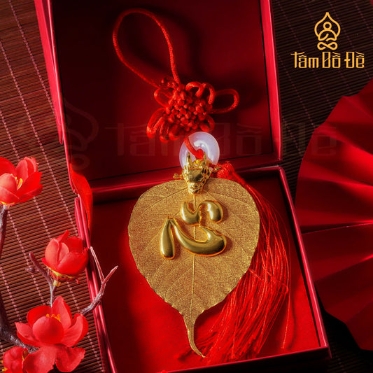 Dragon & Calligraphy "TÂM 心" 24K Gold-Plated Bodhi Leaf Car Hanging Charm