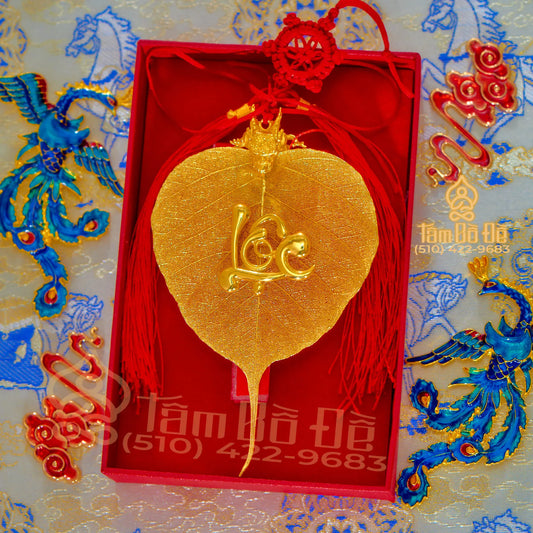 Dragon & "LỘC" Calligraphy 24K Gold-Plated Bodhi Leaf Car Hanging Charm