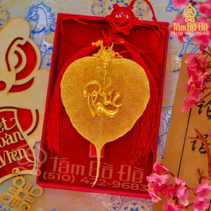 Dragon & "PHÚC" Calligraphy 24K Gold-Plated Bodhi Leaf Car Hanging Charm