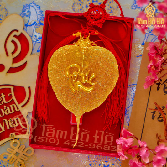 Dragon & "PHÚC" Calligraphy 24K Gold-Plated Bodhi Leaf Car Hanging Charm