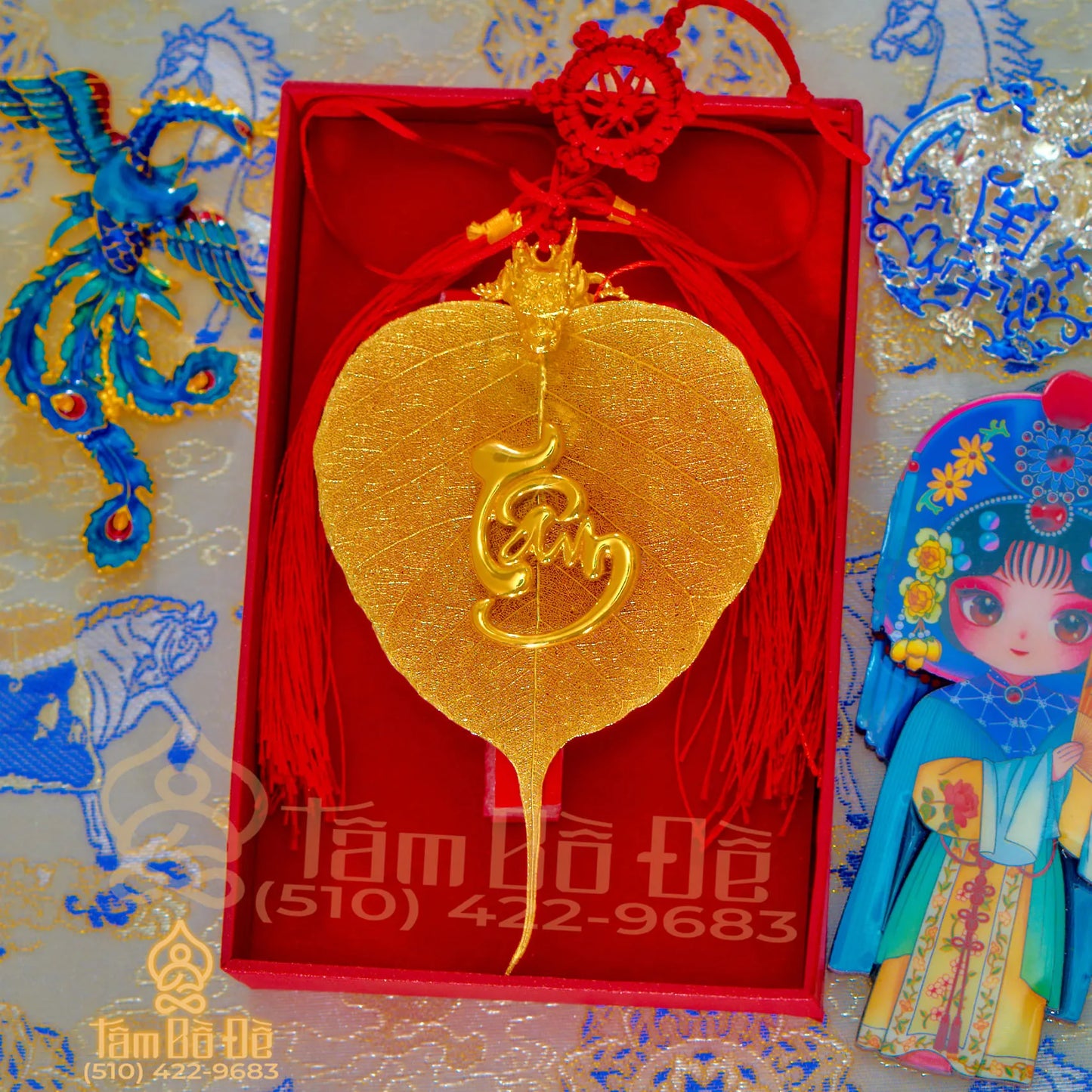 Dragon & "TÂM" Calligraphy 24K Gold-Plated Bodhi Leaf Car Hanging Charm