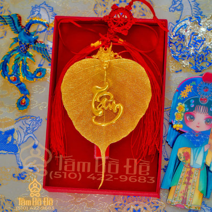 Dragon & "TÂM" Calligraphy 24K Gold-Plated Bodhi Leaf Car Hanging Charm