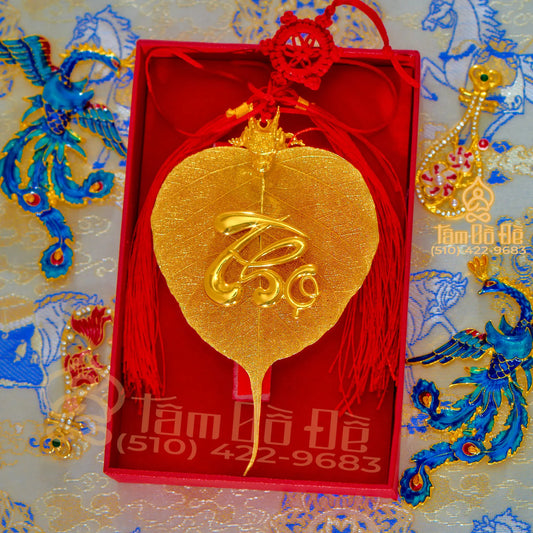 Dragon & "THỌ" Calligraphy 24K Gold-Plated Bodhi Leaf Car Hanging Charm