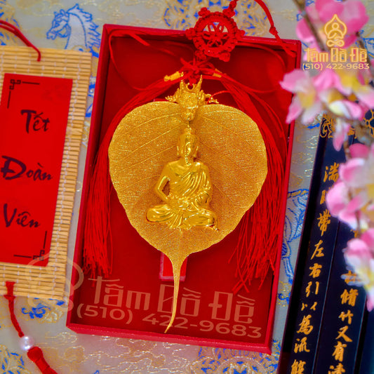 Gautama Buddha & Dragon 24K Gold-Plated Bodhi Leaf Car Hanging Charm