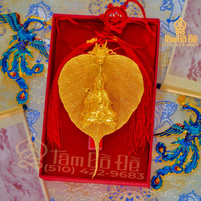 Guan Yin & Dragon 24K Gold-Plated Bodhi Leaf Car Hanging Charm