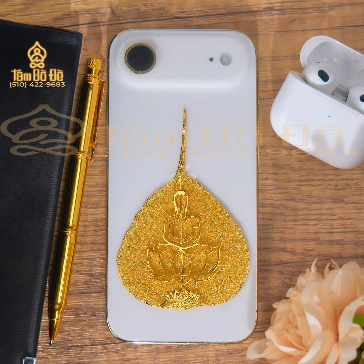 Buddha Statue 24K Gold-Plated Bodhi Leaf Phone Case Charm