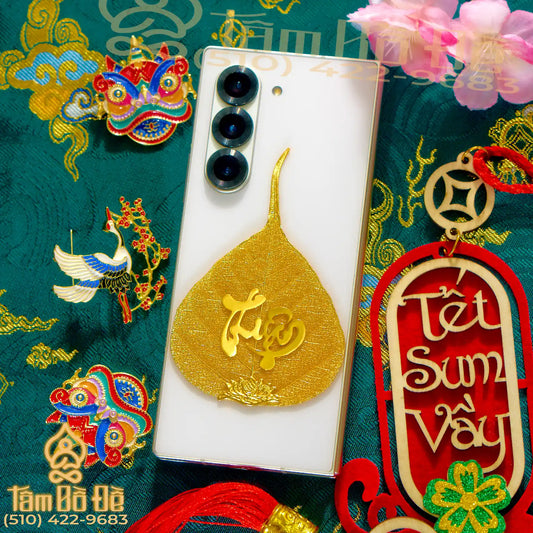 Calligraphy "THUẬN" 24K Gold-Plated Bodhi Leaf Phone Case Charm