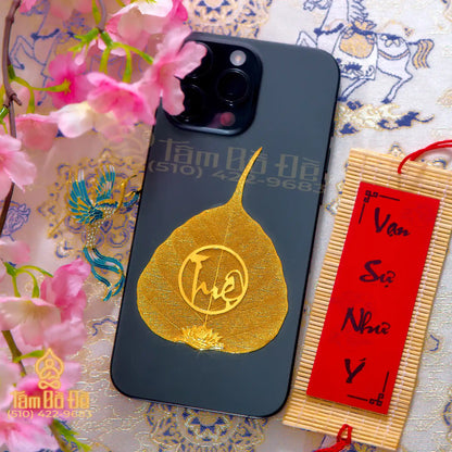 Calligraphy "TUỆ" 24K Gold-Plated Bodhi Leaf Phone Case Charm