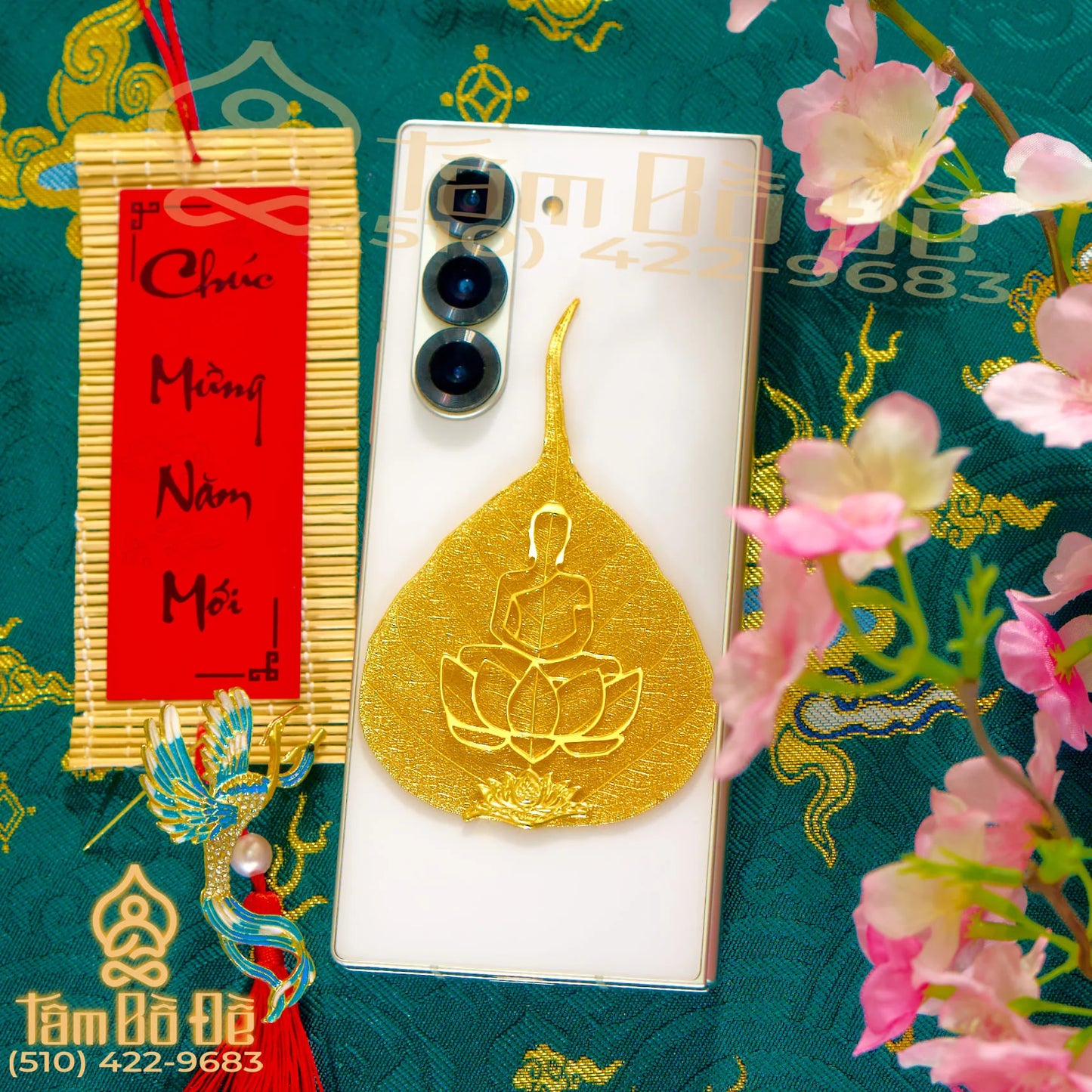 Buddha Statue 24K Gold-Plated Bodhi Leaf Phone Case Charm
