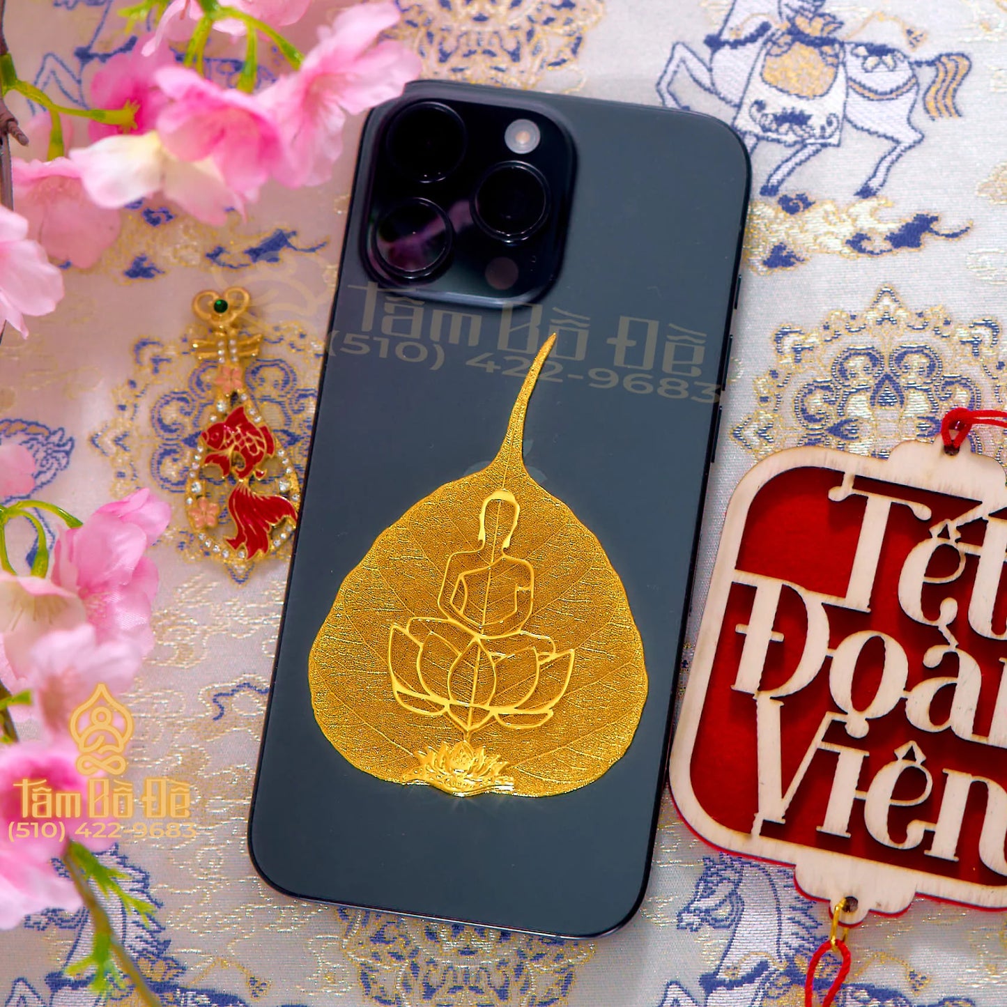 Buddha Statue 24K Gold-Plated Bodhi Leaf Phone Case Charm