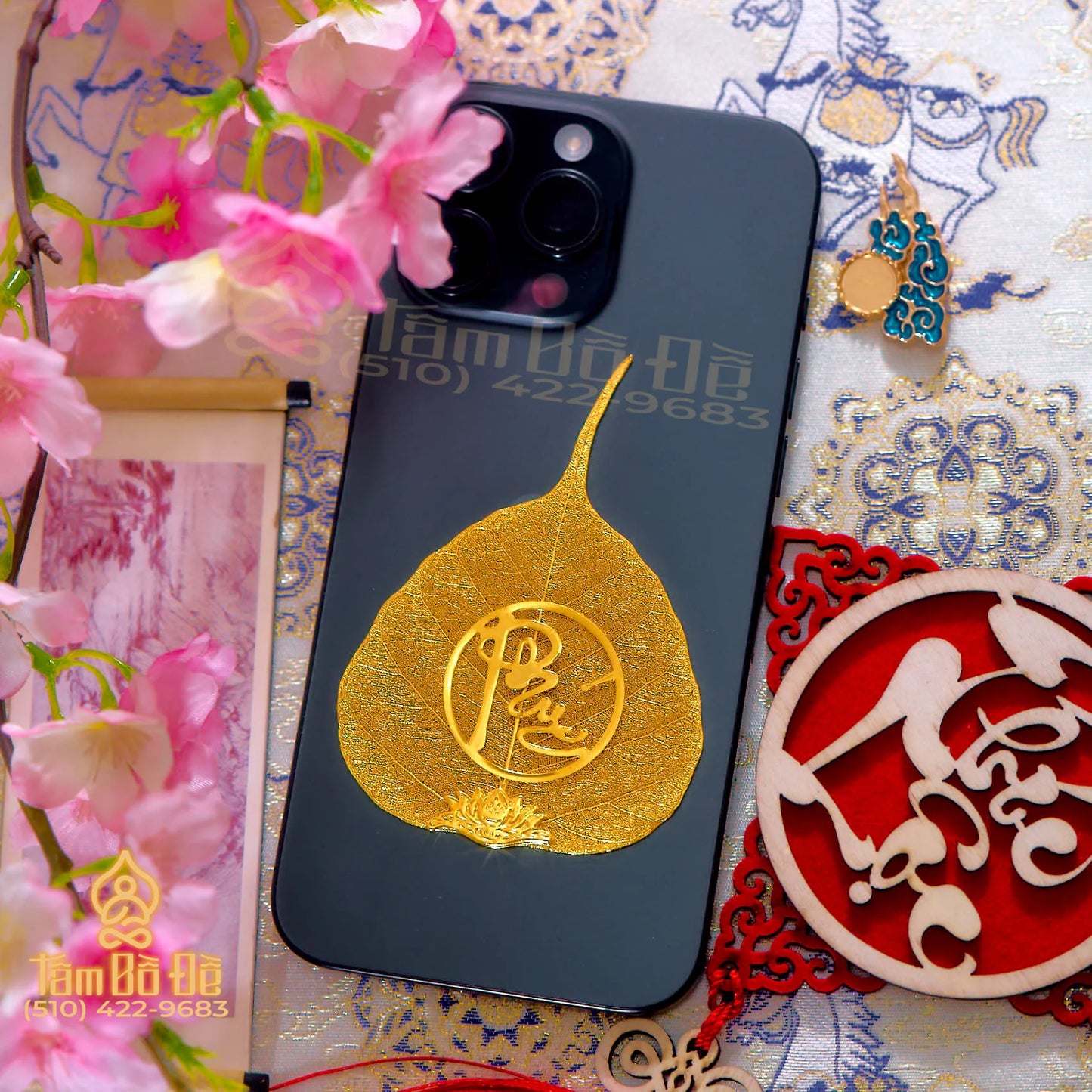 Calligraphy "PHÚC" 24K Gold-Plated Bodhi Leaf Phone Case Charm