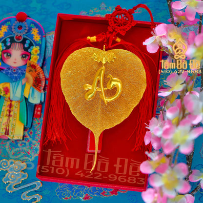 Lotus & Calligraphy "AN" 24K Gold-Plated Bodhi Leaf Car Hanging Charm