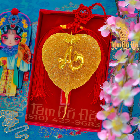 Lotus & Calligraphy "AN" 24K Gold-Plated Bodhi Leaf Car Hanging Charm