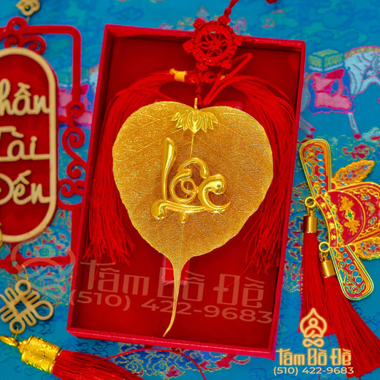 Lotus & Calligraphy "LỘC" 24K Gold-Plated Bodhi Leaf Car Hanging Charm