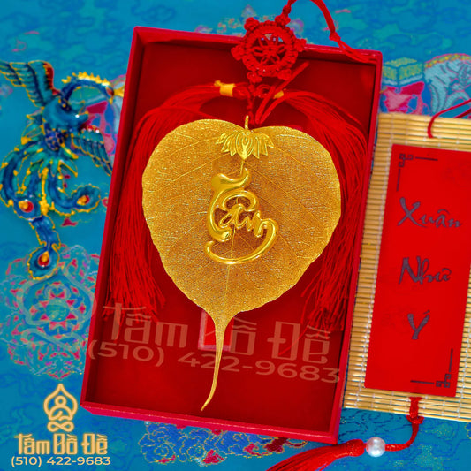 Lotus & Calligraphy "TÂM" 24K Gold-Plated Bodhi Leaf Car Hanging Charm