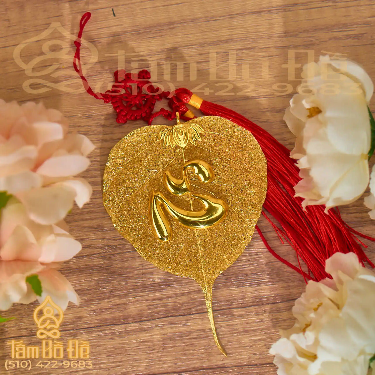 Lotus & Calligraphy "TÂM 心" 24K Gold-Plated Bodhi Leaf Car Hanging Charm