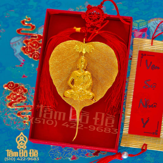 Lotus & Gautama Buddha 24K Gold-Plated Bodhi Leaf Car Hanging Charm