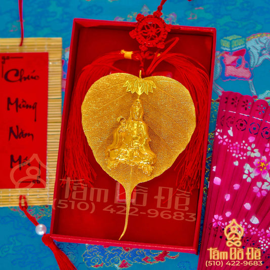 Lotus & Guan Yin 24K Gold-Plated Bodhi Leaf Car Hanging Charm