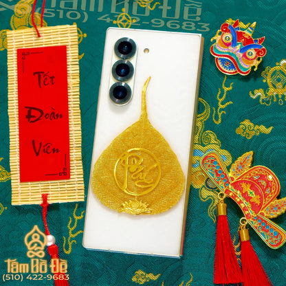 Calligraphy "PHÚC" 24K Gold-Plated Bodhi Leaf Phone Case Charm